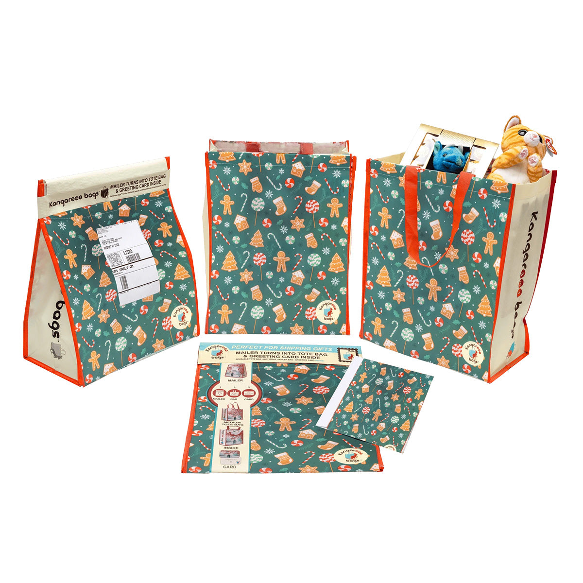 Gingerbread Galore Medium 3-in-1 Kangarooo Bag™: Tote Bag, Gift Mailer & Greeting Card