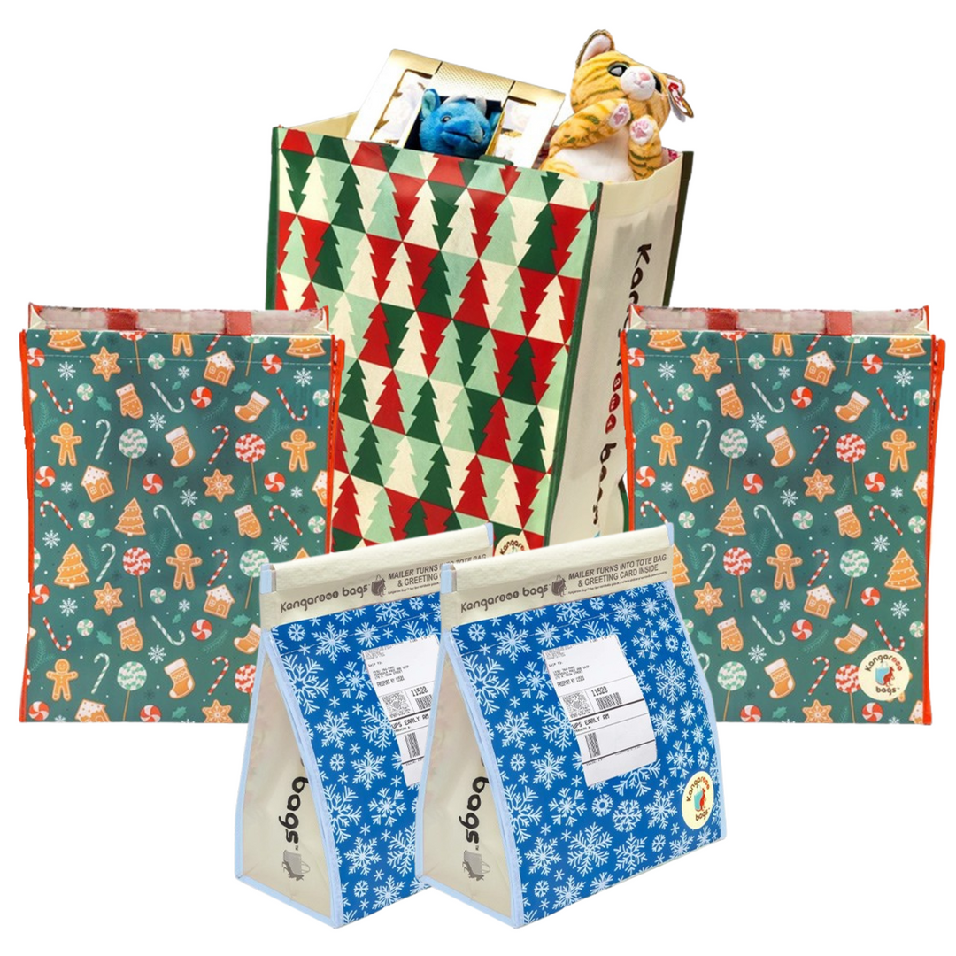 Kangarooo Bags™ Holiday Bundle: 1 Large, 2 Medium, and 2 Small 3-in-1 Tote Bags