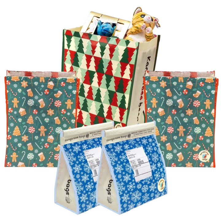 Kangarooo Bags™ Holiday Bundle: 1 Large, 2 Medium, and 2 Small 3-in-1 Tote Bags